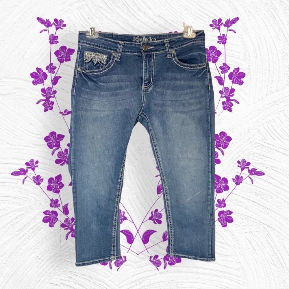 Love Indigo Blue Jean Capris w Fancy Bling Pockets Women 10